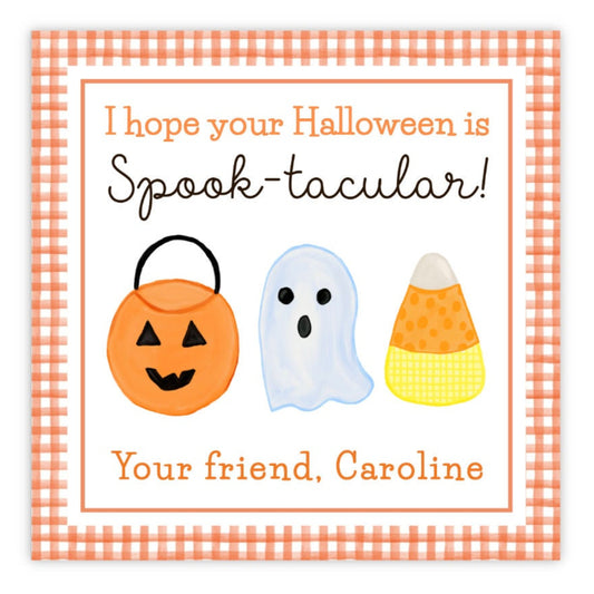 kids halloween gift tag or stickers featuring a pumpkin, ghost, and candy corn and an orange gingham border with the text "I hope your halloween is spectacular" and your personalization at the bottom