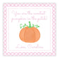 A personalized gift tag with a watercolor design of a pumpkin, customized with a name and message.