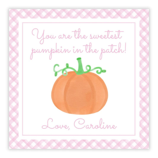 A personalized gift tag with a watercolor design of a pumpkin, customized with a name and message.