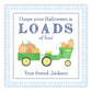 A personalized Halloween gift tag featuring a watercolor illustration of a tractor with pumpkins, and customizable text for a name and message.