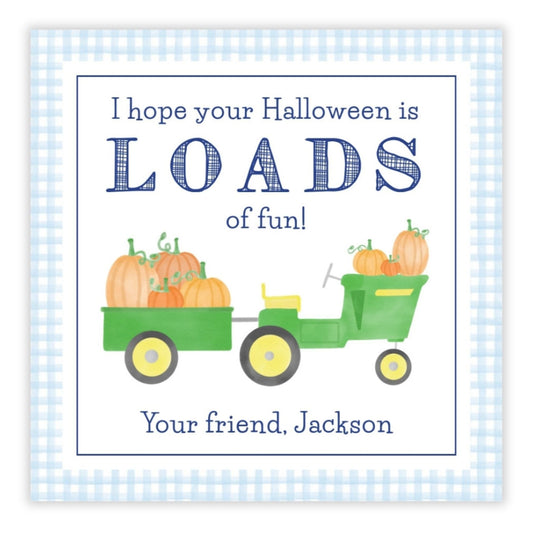 A personalized Halloween gift tag featuring a watercolor illustration of a tractor with pumpkins, and customizable text for a name and message.