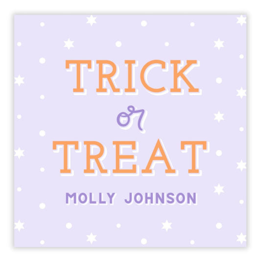 Halloween-themed card with 'Trick or Treat' text on a light purple background with stars.