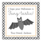A personalized gift tag with a watercolor design of a bat, with the text 'I hope your Halloween is FANTASTIC!' and a personalized message for 'Jackson'.