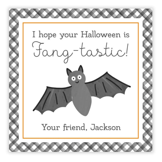 A personalized gift tag with a watercolor design of a bat, with the text 'I hope your Halloween is FANTASTIC!' and a personalized message for 'Jackson'.
