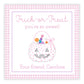 A personalized gift tag with a pink checkered background featuring a watercolor design of a candy bucket with 'Trick or Treat' text and a personalized message.