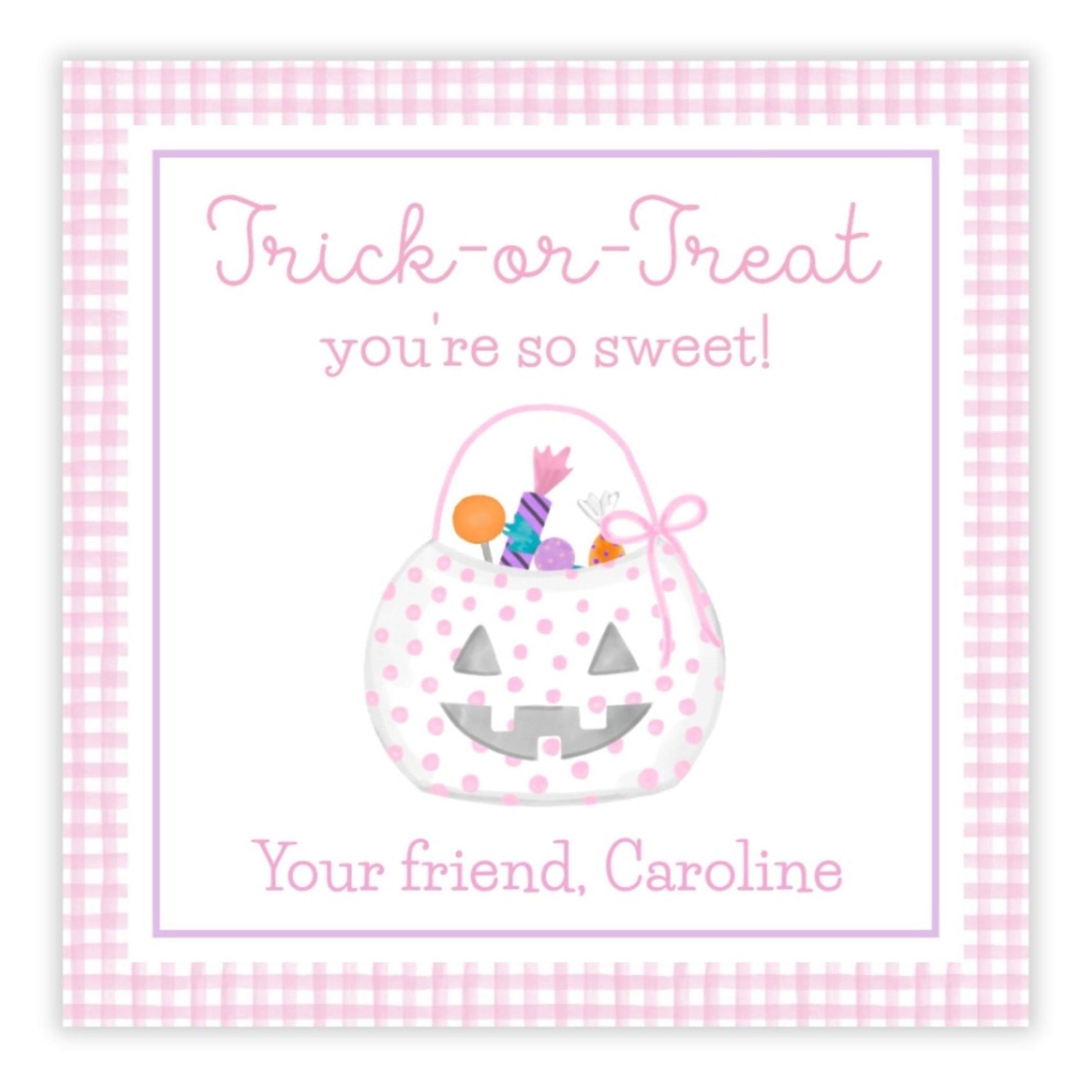 A personalized gift tag with a pink checkered background featuring a watercolor design of a candy bucket with 'Trick or Treat' text and a personalized message.