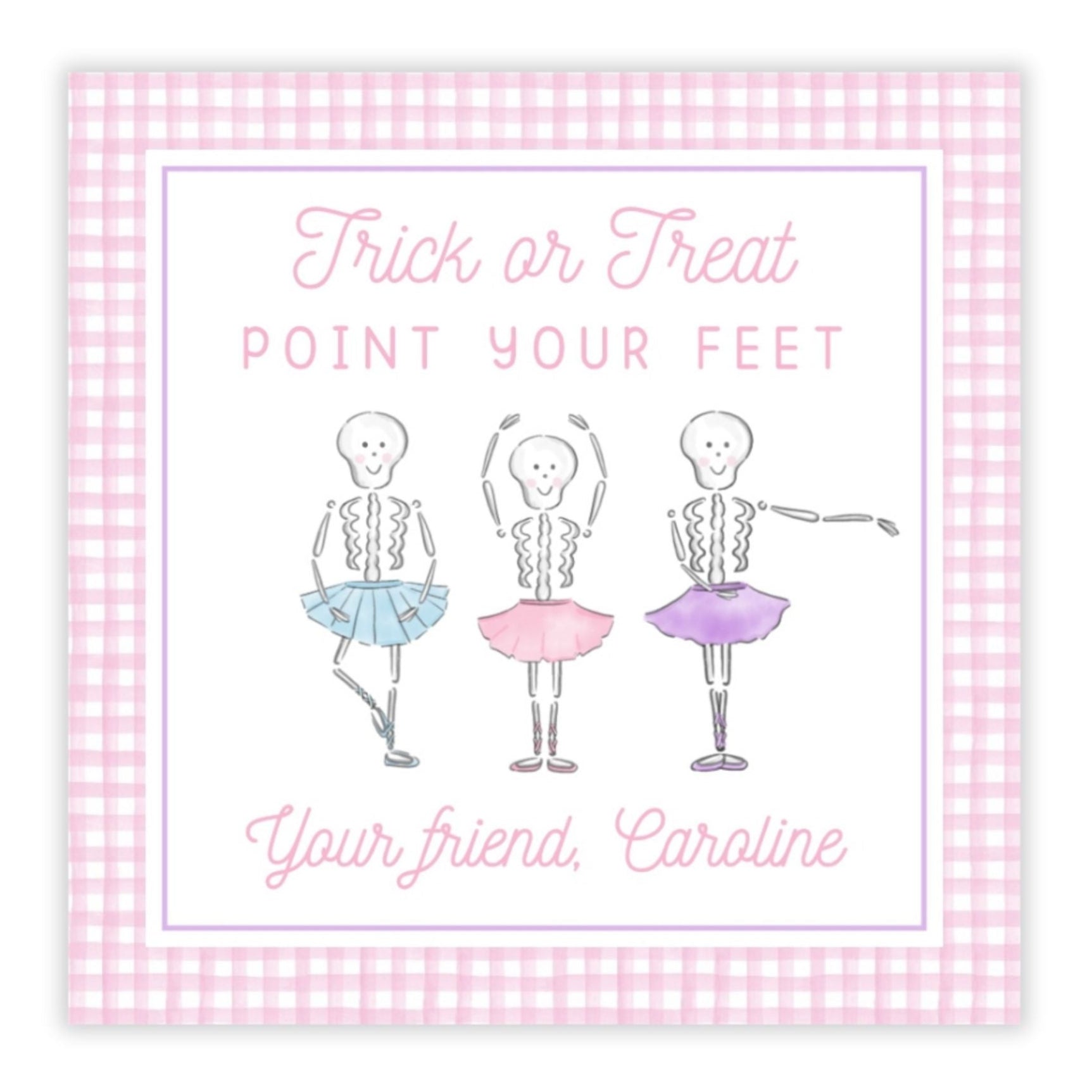 kids halloween tags or stickers featuring ghosts dressed in tutus to look like ballerinas with the saying "Trick or Treat Point Your Feet"