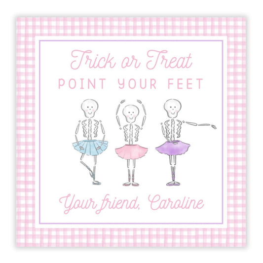 kids halloween tags or stickers featuring ghosts dressed in tutus to look like ballerinas with the saying "Trick or Treat Point Your Feet"