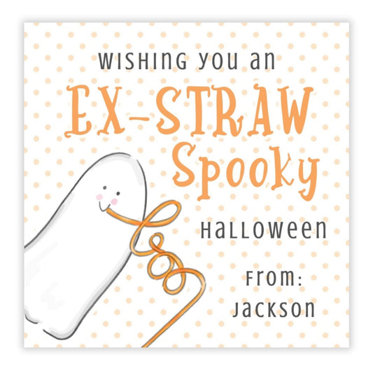 A personalized Halloween gift tag with a cartoon illustration of a strawberry shortcake and text that reads 'Wishing you an EX-STRAW-Y Halloween from Jackson' against an orange polka dot background.