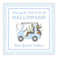 A personalized Halloween gift tag with a blue checkered background featuring an illustration of cartoon characters in a blue golf cart, with the text 'You put the fun in Halloween!' and a space for a name and message.