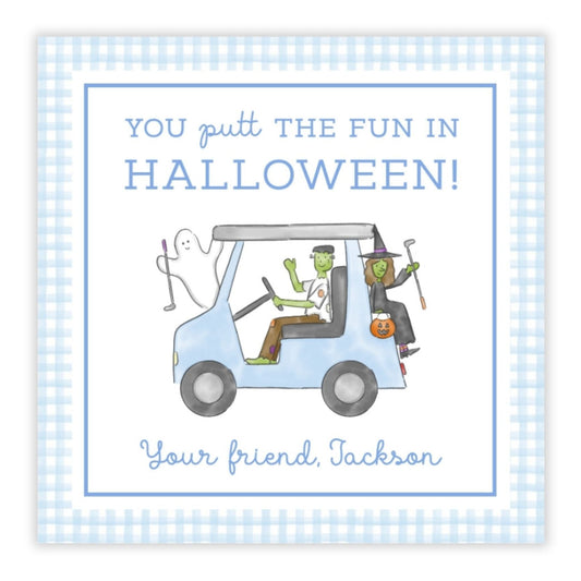 A personalized Halloween gift tag with a blue checkered background featuring an illustration of cartoon characters in a blue golf cart, with the text 'You put the fun in Halloween!' and a space for a name and message.