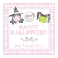 A personalized Halloween gift tag with a 'Happy Halloween' message, featuring watercolor illustrations of a smiling pumpkin, a mummy, and a green monster. The tag has a pink background, and a custom text area for personalization.