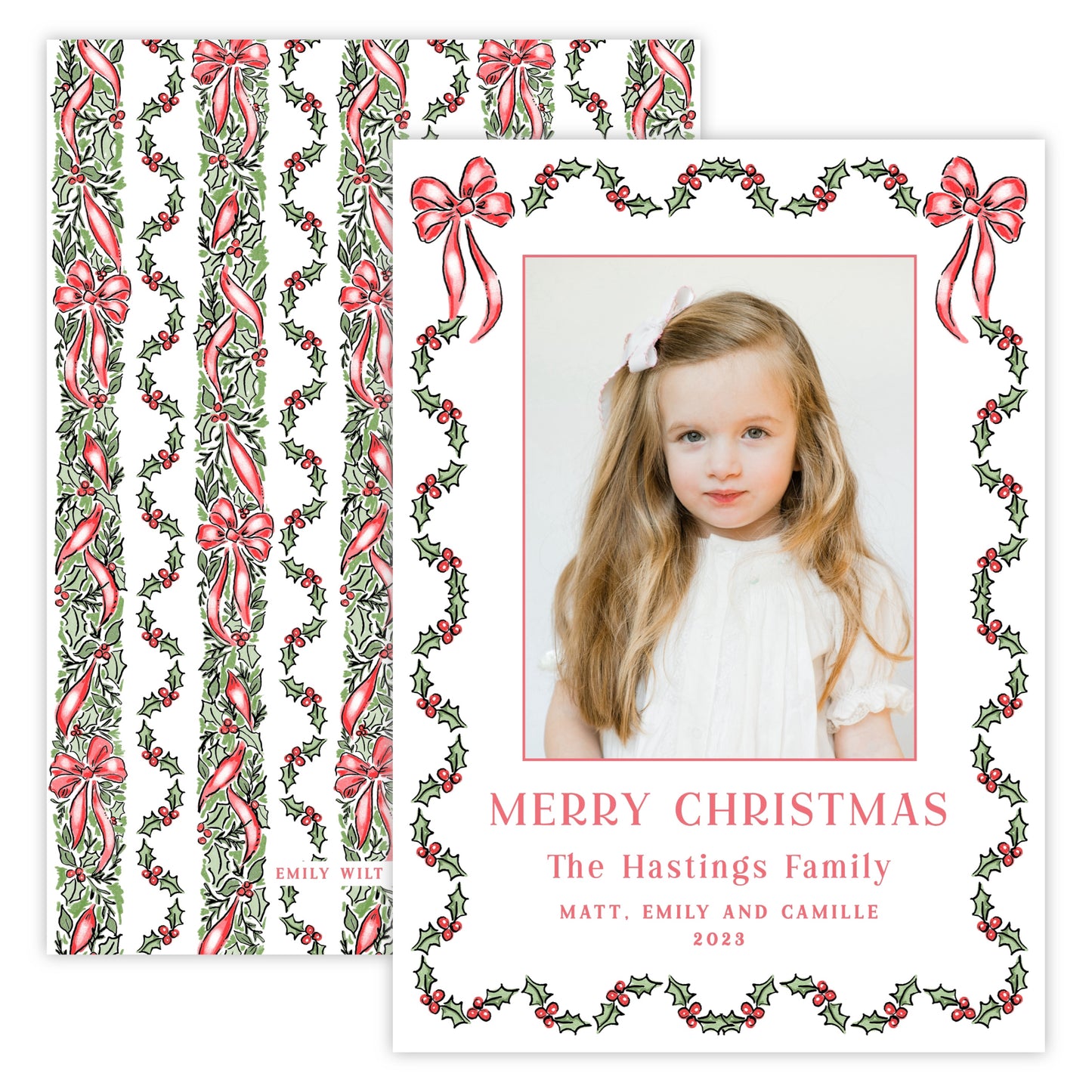 Christmas Photo Card - Festive Holly, Red (Portrait)