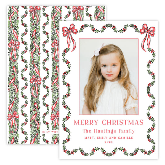Christmas Photo Card - Festive Holly, Red (Portrait)