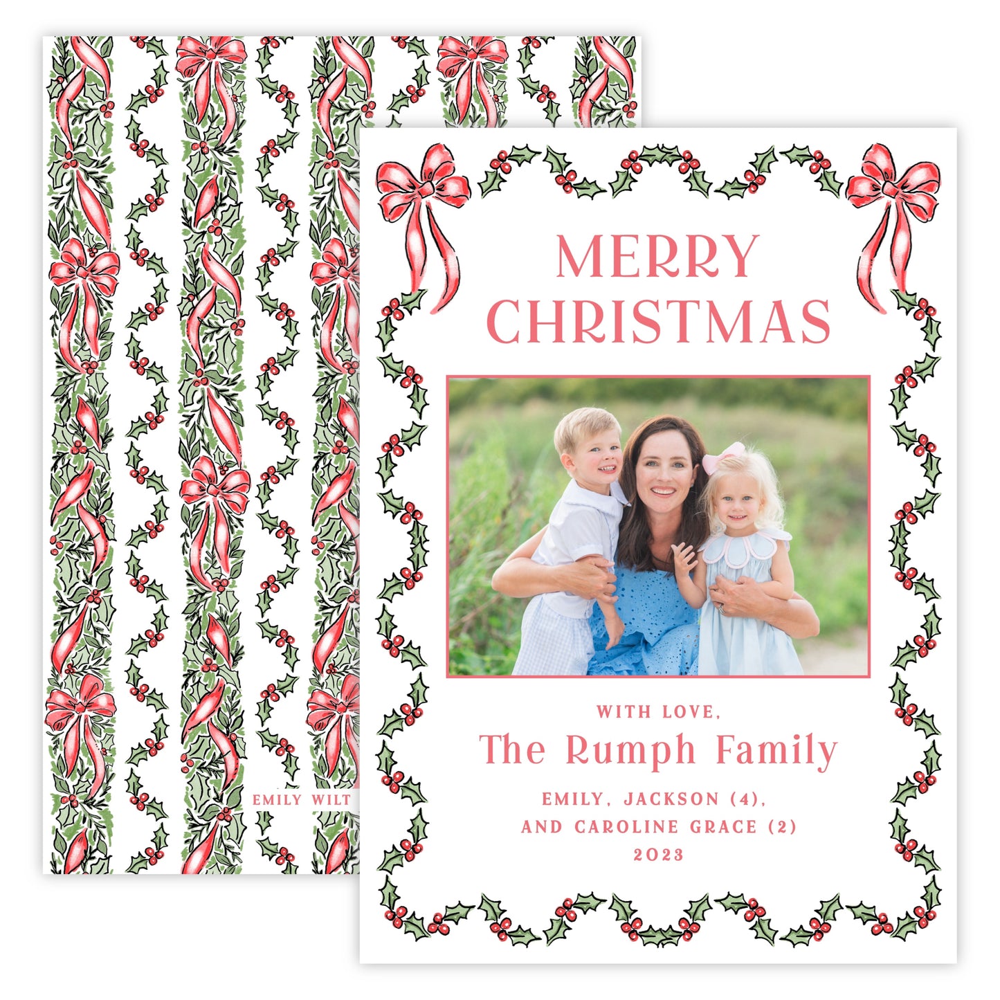 Christmas Photo Card - Festive Holly, Red (Landscape Photo)