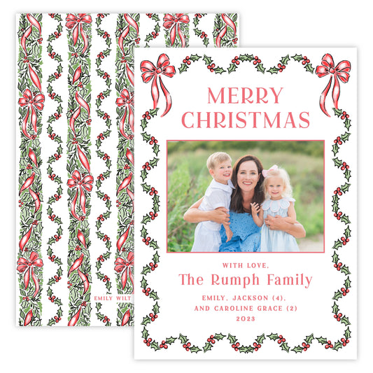 Christmas Photo Card - Festive Holly, Red (Landscape Photo)