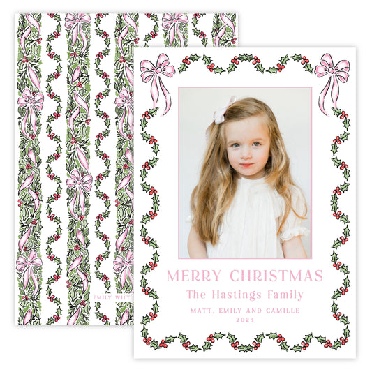 Christmas Photo Card - Festive Holly, Pink (Portrait)