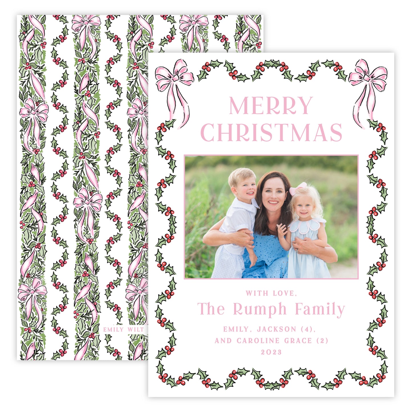 Christmas Photo Card - Festive Holly, Pink (Landscape Photo)