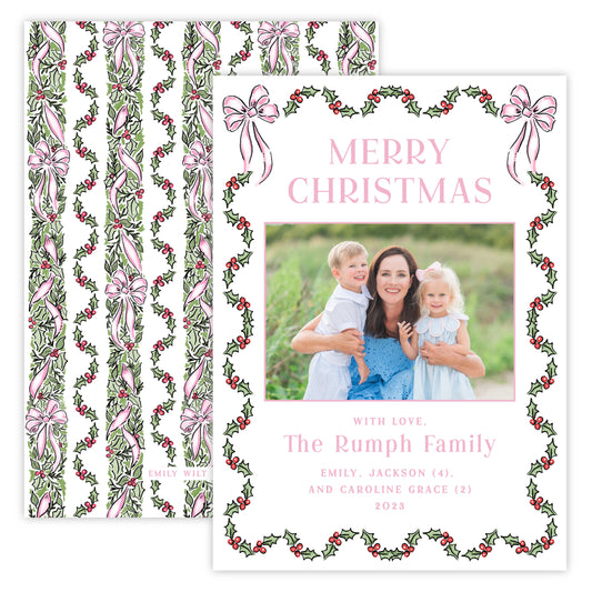 Christmas Photo Card - Festive Holly, Pink (Landscape Photo)