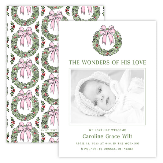 Christmas Photo Card - Preppy Wreath, Pink (Landscape Photo)