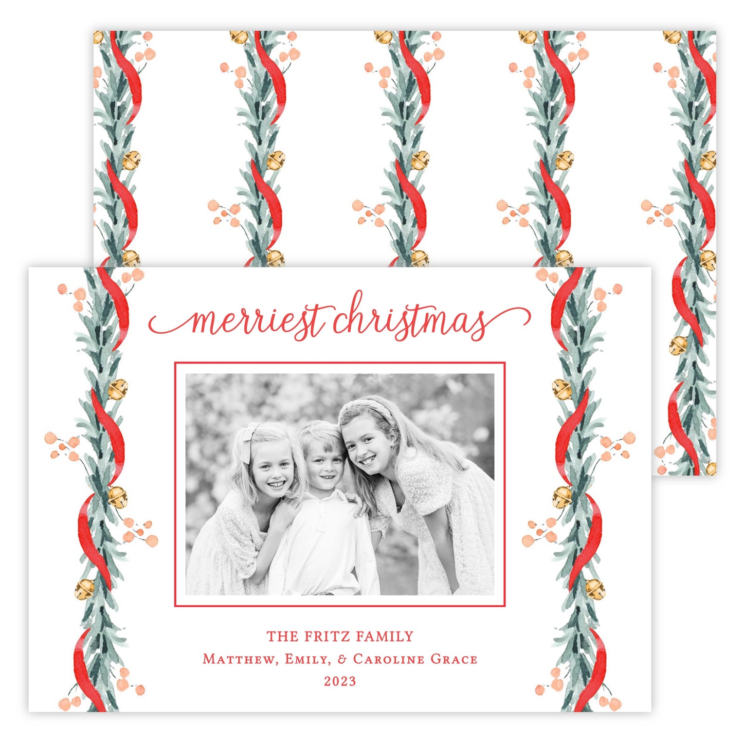 Christmas Photo Card - Believe Garland Bells (Landscape)