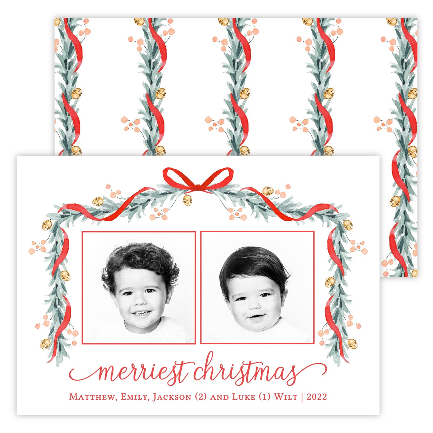 Christmas Photo Card - Believe Garland Bells (2 Photos)
