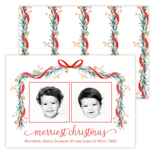 Christmas Photo Card - Believe Garland Bells (2 Photos)