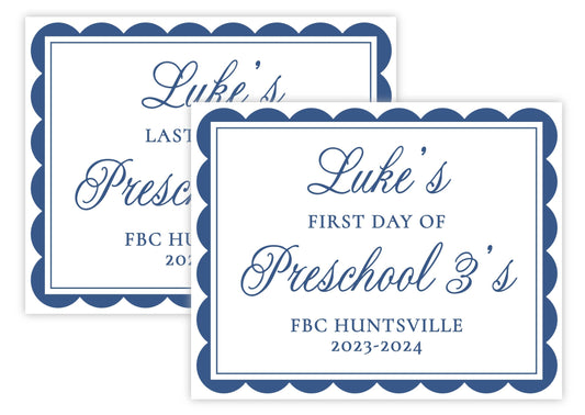 Personalized First & Last Day of School Sign | Double-Sided Photo Prop | Scallops (Navy)