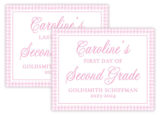 Personalized First & Last Day of School Sign | Double-Sided Photo Prop | Gingham (Pink)