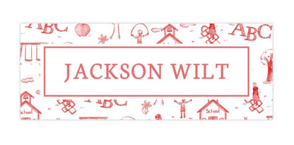 Personalized Water-Resistant Name Labels for School Supplies | 60 Pack (1x2.625") | Red School Toile