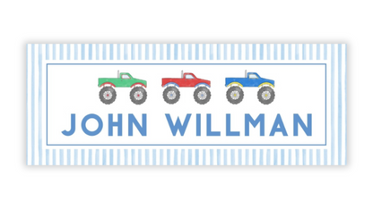 Personalized Water-Resistant Name Labels for School Supplies | 60 Pack (1x2.625") | Monster Trucks