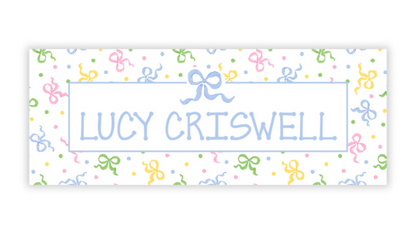 Personalized Water-Resistant Name Labels for School Supplies | 60 Pack (1x2.625") | Confetti Bows - Blue