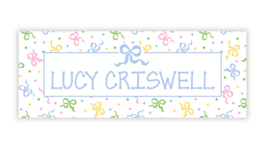 Personalized Water-Resistant Name Labels for School Supplies | 60 Pack (1x2.625") | Confetti Bows - Blue