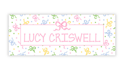 Personalized Water-Resistant Name Labels for School Supplies | 60 Pack (1x2.625") | Confetti Bows - Pink