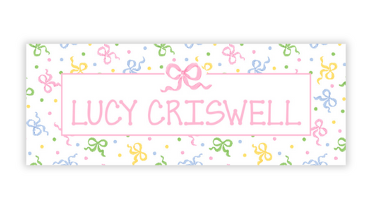 Personalized Water-Resistant Name Labels for School Supplies | 60 Pack (1x2.625") | Confetti Bows - Pink