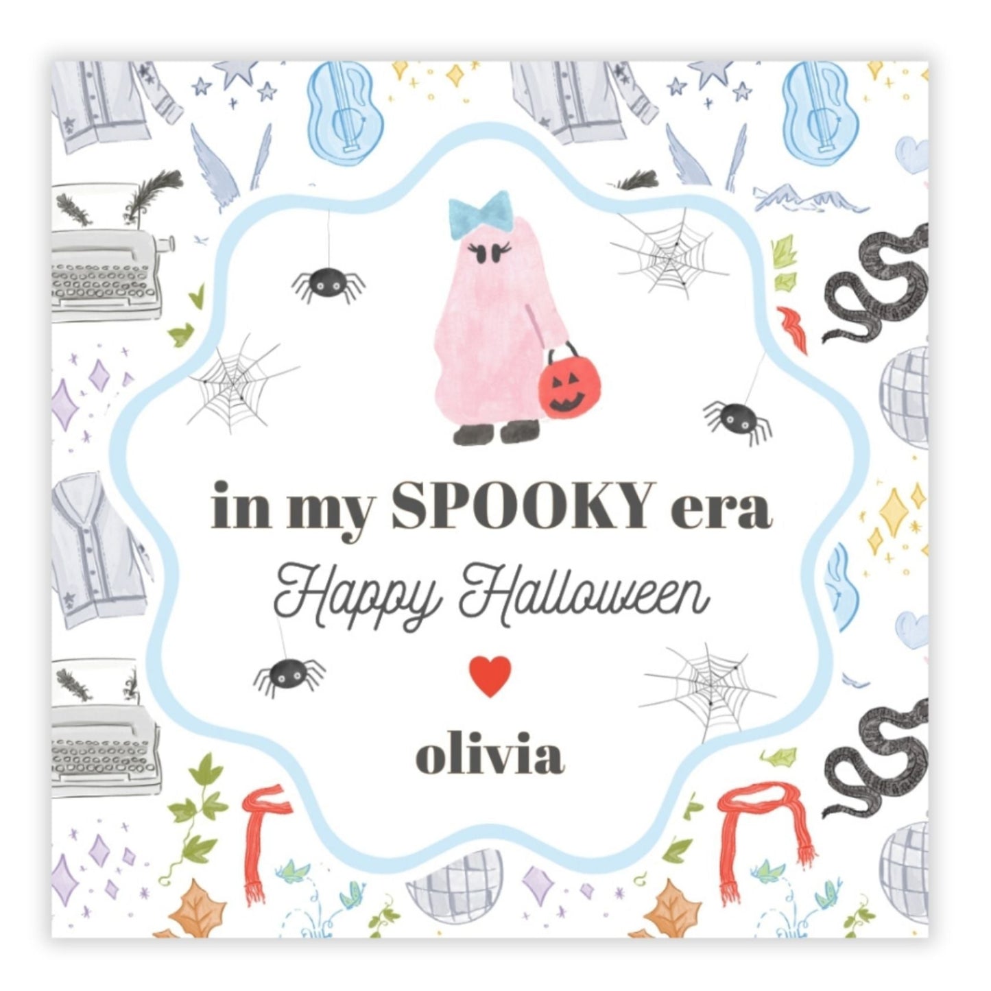 A personalized Halloween gift tag with a cartoon pumpkin character, spider, and cobwebs in a circular design with the text 'In my Spooky Era Happy Halloween' and a name 'Olivia'.