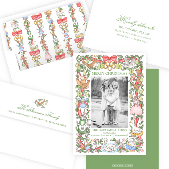 Christmas card with decorative border and photo of a family