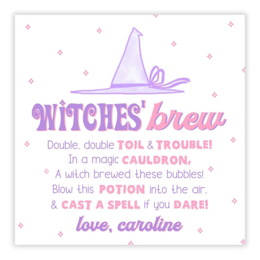 A personalized gift tag with a watercolor illustration of a witch's brew, featuring a witch's hat, a cauldron, and the text 'WITCHES' BREW' along with personalized greetings.